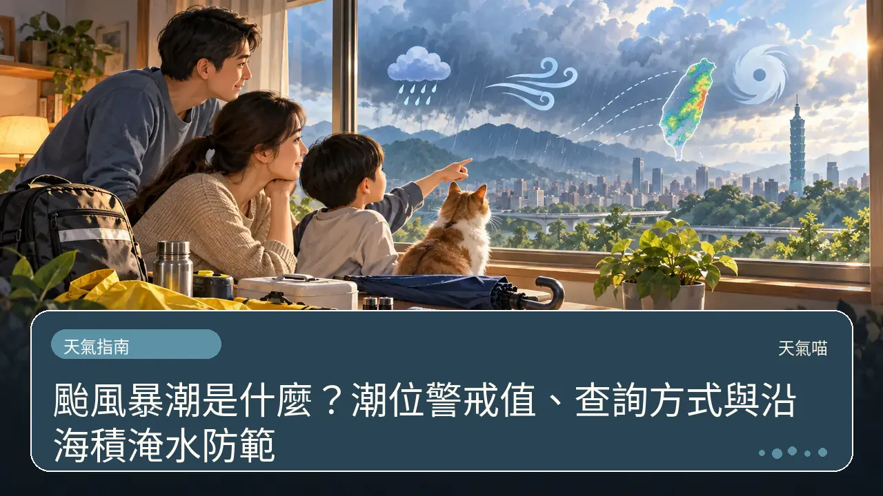 颱風暴潮是什麼?潮位警戒值、查詢方式與沿海積淹水防範主題插畫