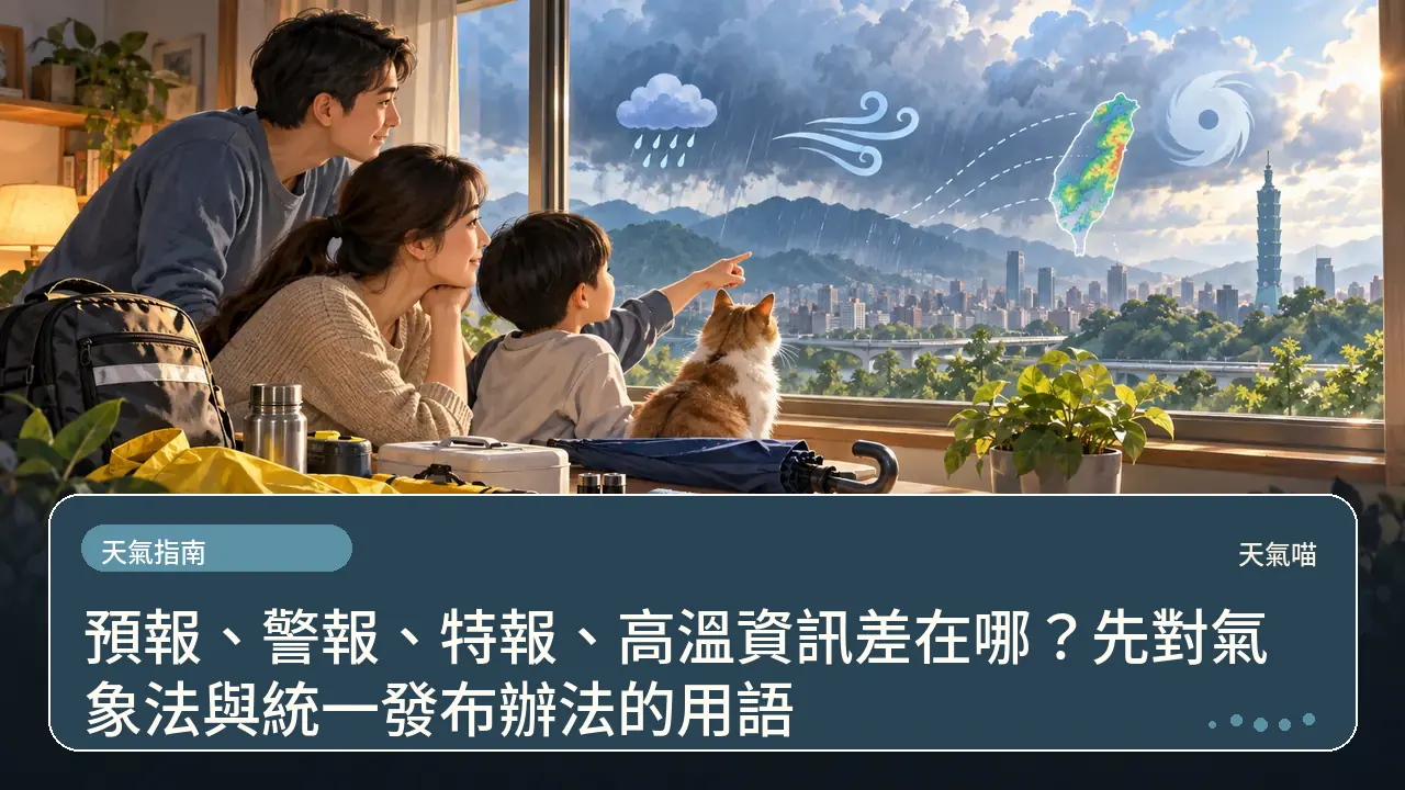 預報、警報、特報、高溫資訊差在哪?先對氣象法與統一發布辦法的用語主題插畫