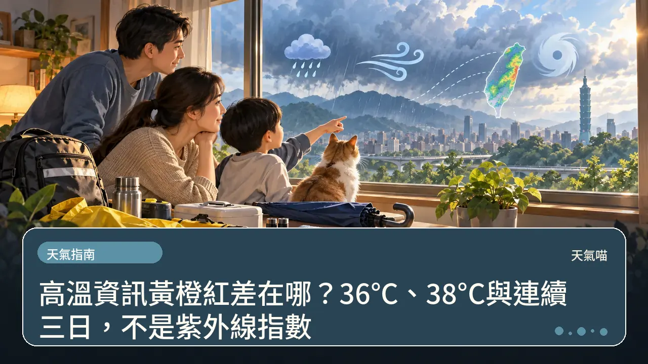 高溫資訊黃橙紅差在哪?36°C、38°C與連續三日,不是紫外線指數主題插畫