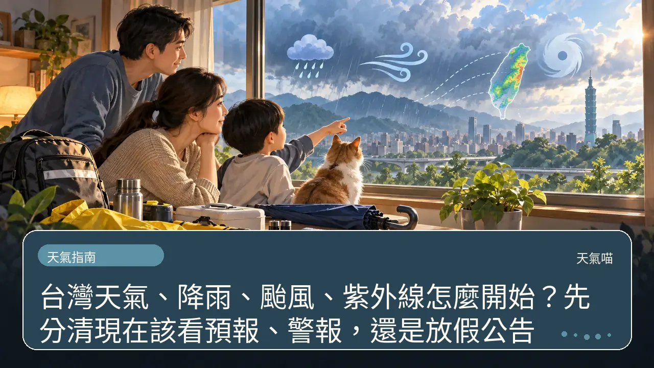 台灣天氣、降雨、颱風、紫外線怎麼開始?先分清現在該看預報、警報,還是放假公告主題插畫