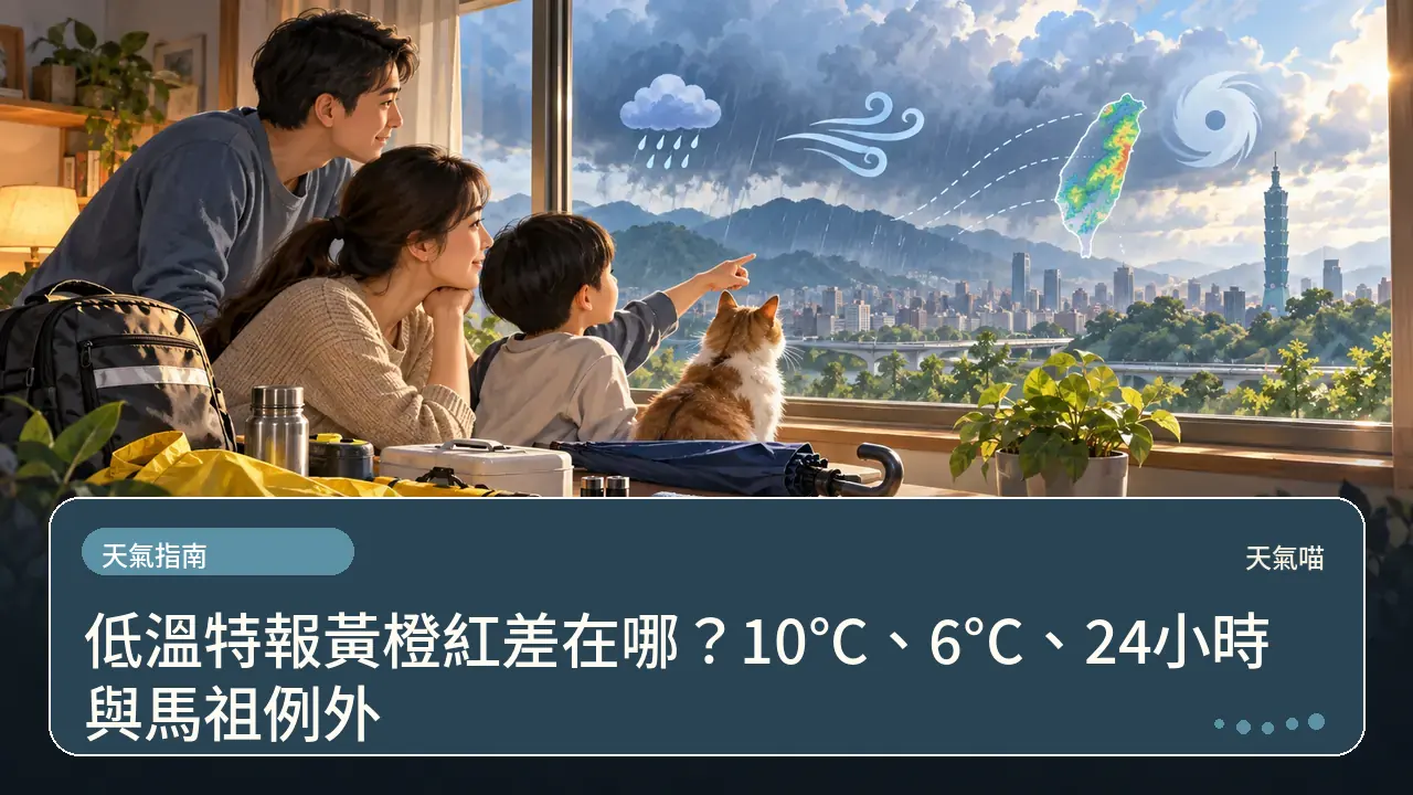 低溫特報黃橙紅差在哪？10°C、6°C、24小時與馬祖例外主題插畫