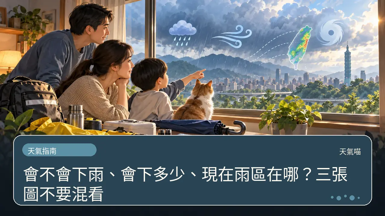 會不會下雨、會下多少、現在雨區在哪?三張圖不要混看主題插畫