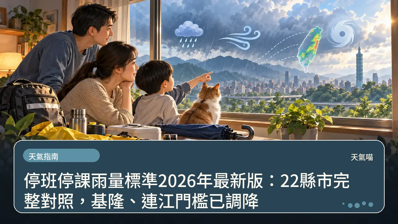 停班停課雨量標準2026年最新版：22縣市完整對照，基隆、連江門檻已調降主題插畫